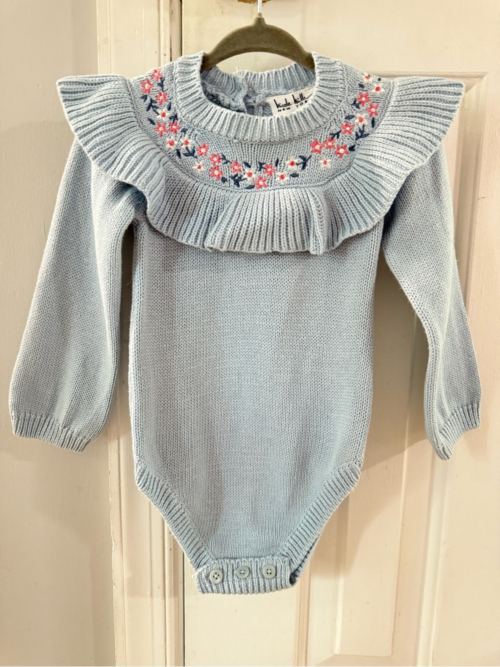 Nicole Miller Knit Dusty Blue Floral Ruffle Romper